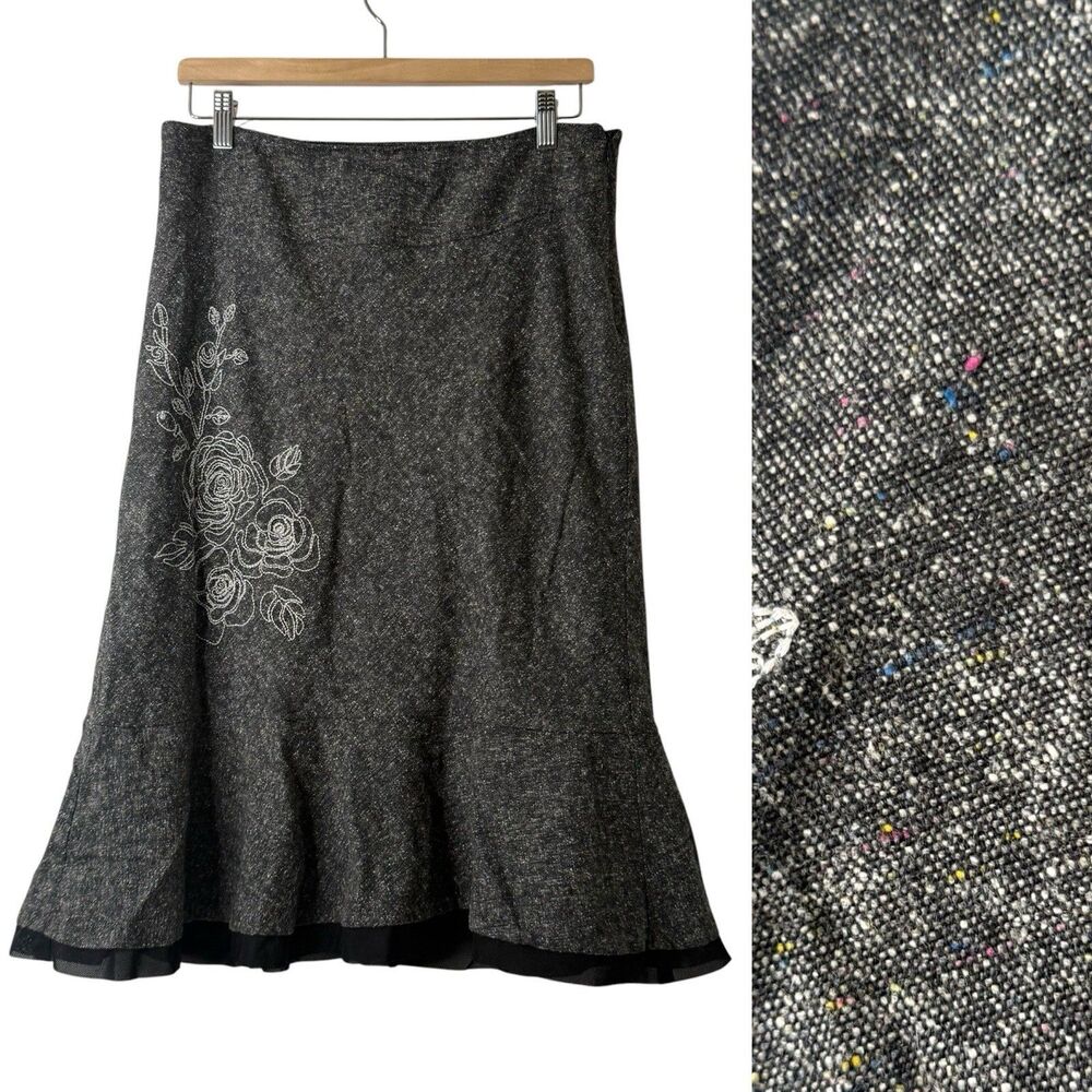 VTG Y2K George Tweed Skirt Women 10 Gray Embroidered Rose Flounce Hem Whimsigoth